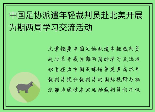 中国足协派遣年轻裁判员赴北美开展为期两周学习交流活动