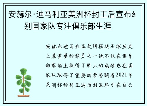 安赫尔·迪马利亚美洲杯封王后宣布告别国家队专注俱乐部生涯